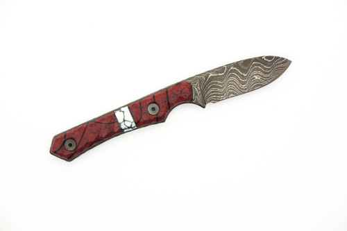 Lex Rex Customs - Mini Goblin - 2" Alabama Damascus Steel Fixed Blade W/ Red & Black Grip-X W/ White Tru-Stone Handle Lex Rex Customs - Mini Goblin - 2" Alabama Damascus Steel Fixed Blade W/ Red & Black Grip-X W/ White Tru-Stone Handle