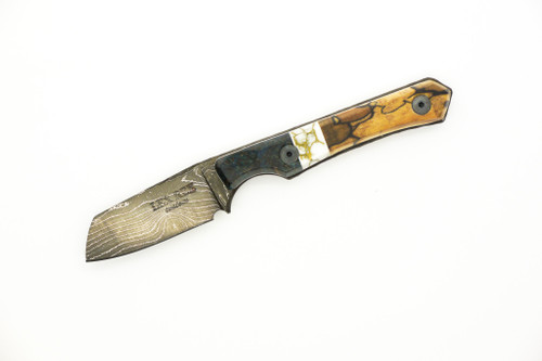 Lex Rex Customs - Mini Deathstick - 2" Alabama Damascus Steel Fixed Blade W/ Burl Wood W/ White Tru-Stone & Dark Blue Epoxy Handle 