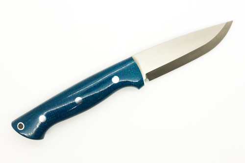 Lishen Knives - Dakota - 3.75" AEB-L Scandi Grind Fixed Blade W/ Admiral Blue Jute Micarta W/ Aluminum Pins Handle