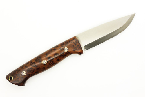 Lishen Knives - Dakota - 3.75" AEB-L Scandi Grind Fixed Blade W/ Thuya Burl W/ Mosaic Pins Handle