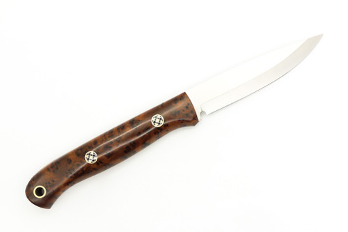 Lishen Knives - Little Fowl - 2.8" AEB-L Scandi Grind Fixed Blade W/ Thuya Burl W/ Mosaic Pins Handle