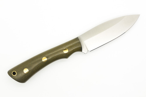 Lishen Knives - Little Canuck - 3.25" AEB-L Saber Grind Fixed Blade W/ Green Canvas Micarta W/ Brass Pins Handle