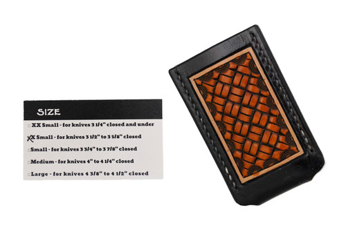 Sage Grouse Leather Tooled Pocket Knife Slip, Black/Rust "Block Basket" Pattern, X-Small