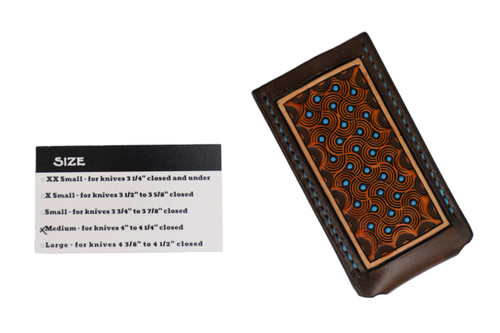 Sage Grouse Leather Tooled Pocket Knife Slip, Chocolate/Rust "Turquoise Swirled Dots" Pattern, Medium