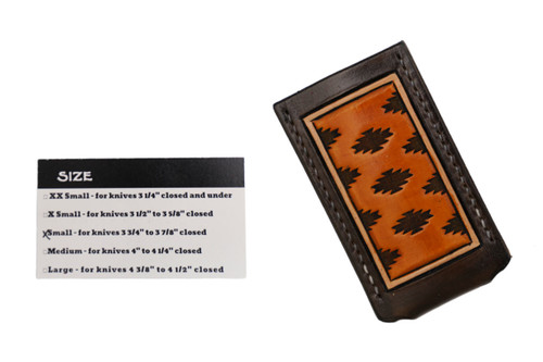 Sage Grouse Leather Tooled Pocket Knife Slip, Chocolate/Rust "Aztec" Pattern, Small