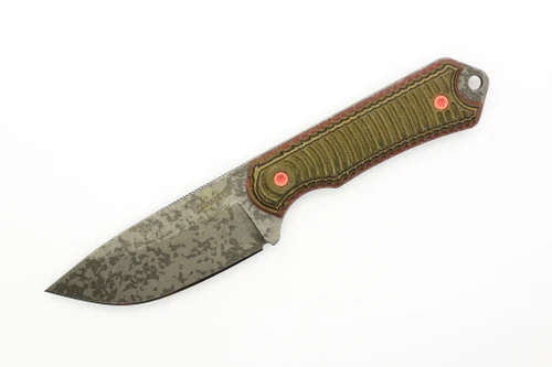 Ice Age Blades - Mammoth Hunter - 4" Acid Etched 52100 Steel Fixed Knife W/ Textured Green & Tan, Black, & Red Richlite Paper Micarta Handle 