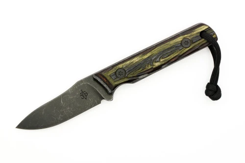 JP Bladesmithing - Fang XL - 3.125" AEB-L Fixed Blade W/ Green Mountain Camo Dymalux Mirkwood Texture Handle & Black Leather Sheath