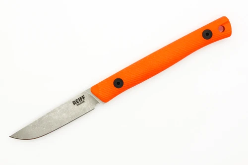 Reiff Knives - Drake - Fixed Blade - MagnaCut, Flat Full Grind, Stonewash, Orange G-10, Black Kydex Sheath, Ambi