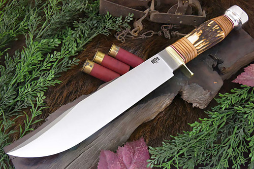 Bark River Knives: 1909 Michigan Bowie, Fixed Blade Knife w/ Sambar Stag & Leather Round Handle - 5