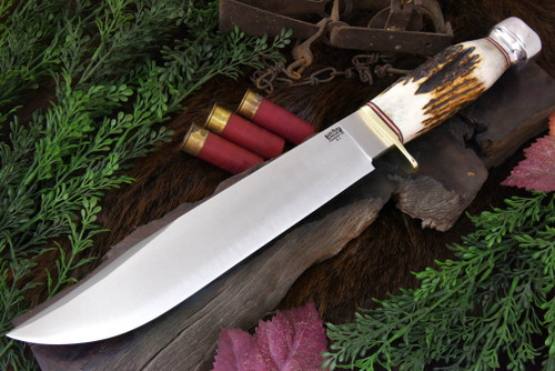 Bark River Knives: 1909 Michigan Bowie, Fixed Blade Knife w/ Sambar Stag Round Handle - 1