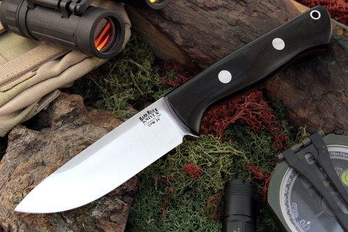 Bark River Knives: Bravo-1 LT Hunter, CPM 3V Steel (Drop Point/Rampless/Smooth Spine), Fixed Blade Knife w/ Black Canvas Micarta Handle & Red Liners