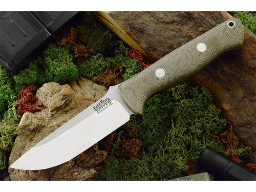 Bark River Knives: Bravo-1, A2 Steel, Fixed Blade Knife w/ Green Canvas Micarta Handle - Matte Finish
