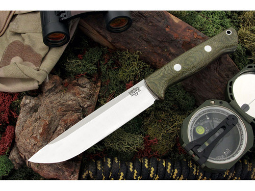 Bark River Knives: Bravo-1.5 A2 Steel (Rampless, Smooth Spine) Fixed Blade Knife w/ Green Canvas Micarta Handle