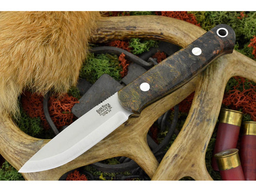 Bark River Knives: Bushcrafter (Jimped Spine) Fixed Blade Knife w/ Black & Gold Maple Burl Handle