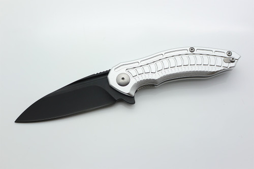 Brous Blades: Bionic 2.0 Blackout Folding Knife w/ Silver Anodized Aluminum Handle & Black Finish Blade