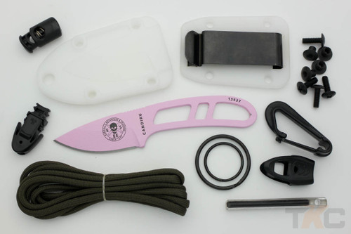 *DISCONTINUED* ESEE Candiru PINK, Fixed Blade Knife with Skeletized Handle, Clear/White Molded Sheath & Mini Survival Kit - Pink