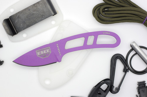 ESEE Candiru PURP, Fixed Blade Knife with Skeletized Handle, Clear/White Molded Sheath & Mini Survival Kit - Purple