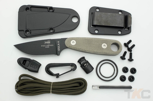 ESEE IZULA-II-B-KIT Fixed Blade Neck Knife with Black Blade, Green Canvas Micarta Handles, & Survival Kit