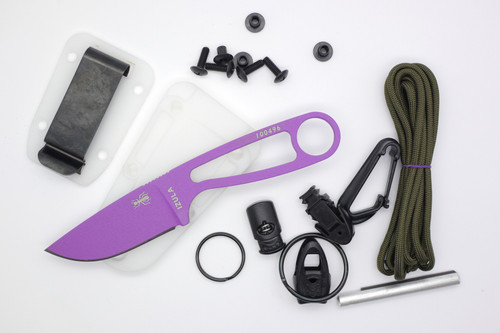 ESEE Izula-PURP-Kit, Fixed Blade Neck Knife with White/Clear Sheath and Clip Plate, Survival Kit - Purple