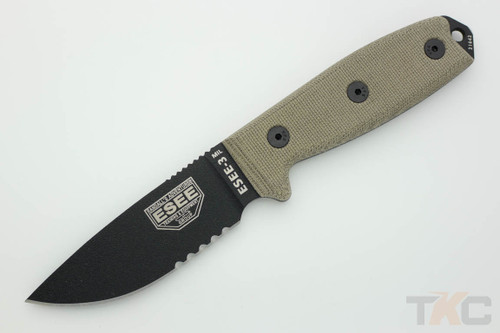 ESEE-3MIL-S-B (Glass Breaker, MOLLE Back) Black Partially Serrated Blade w/ Green Canvas Micarta Handle, Black Sheath