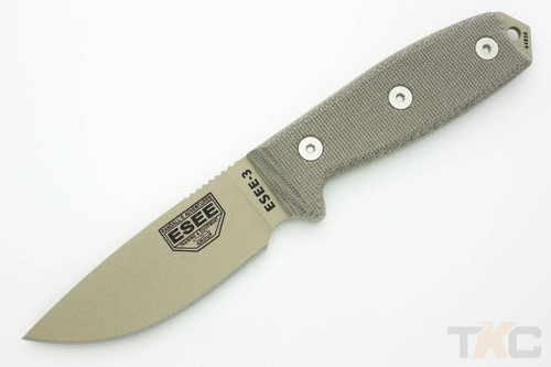 ESEE-3P-DT Desert Tan Plain Edge Blade w/ Green Canvas Micarta Handle, OD Green Sheath