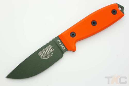 ESEE-3P-KO-OD Knife Only (No Sheath) OD Green Plain Edge Blade & Blaze Orange G10 Handle