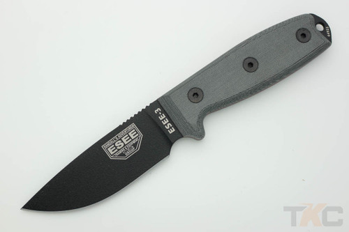 ESEE-3PM-B (Rounded Pommel) Black Plain Edge Blade w/ Grey Linen Micarta Handle, Black Sheath