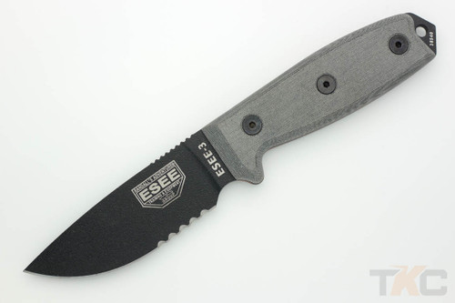ESEE-3S Knife Only (No Sheath) Black Partially Serrated Blade & Grey Linen Micarta Handle