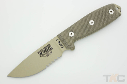 ESEE-3S-DT Desert Tan Partially Serrated Blade w/ Green Canvas Micarta Handle, OD Green Sheath ESEE-3S-DT Desert Tan Partially Serrated Blade w/ Green Canvas Micarta Handle, OD Green Sheath