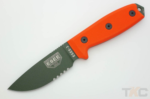 ESEE-3S-MB-OD (MOLLE Back) Green Partially Serrated Blade w/ Blaze Orange G10 Handle, Black Sheath