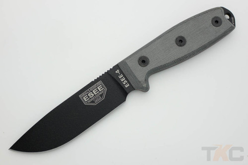 ESEE-4P Knife Only (No Sheath) Black Plain Edge Blade w/ Grey Linen Micarta Handle