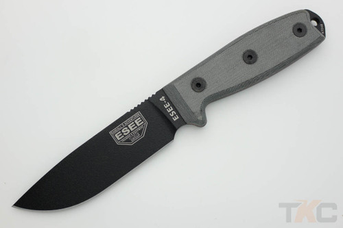ESEE-4P-MB (MOLLE Back) Black Plain Edge Blade w/ Grey Linen Micarta Handle, Coyote Brown Sheath