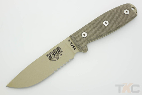 ESEE-4S-DT Desert Tan Partially Serrated Blade w/ Green Canvas Micarta Handle, OD Green Sheath ESEE-4S-DT Desert Tan Partially Serrated Blade w/ Green Canvas Micarta Handle, OD Green Sheath