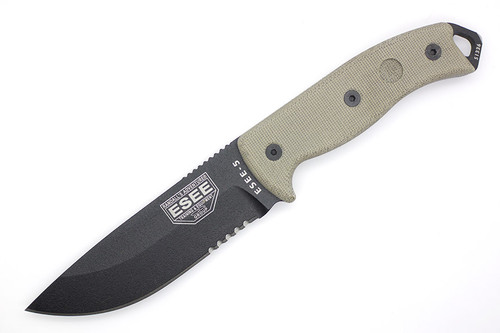 ESEE-5S (Glass Breaker) Black Partially Serrated Fixed Blade w/ Green Canvas Micarta Handle, Black Kydex Sheath