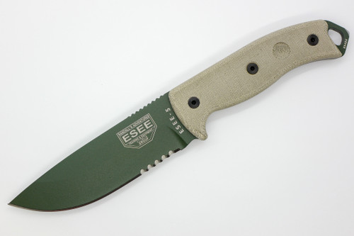 ESEE-5S-OD (Glass Breaker) OD Green Partially Serrated Fixed Blade w/ Green Canvas Micarta Handle, Black Kydex Sheath