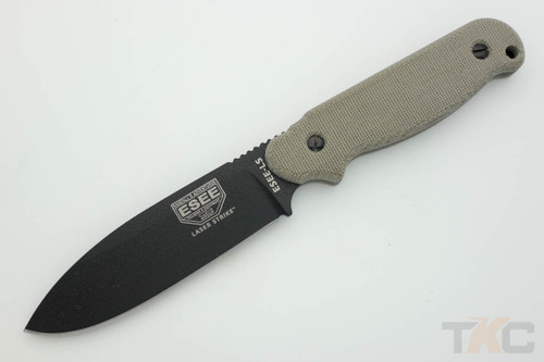 ESEE-LS-P-E, Laser Strike Black Plain Edge Blade & Green Canvas Micarta Handle, Black Kydex Sheath, Fire Starter