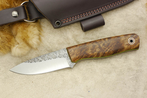 Fiddleback Forge, Andy Roy - Bush Hermit - Satin Burl - Tapered Tang - Natural & Lime Green Liners - 3