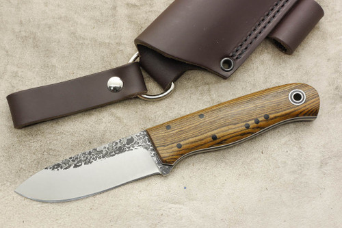 Fiddleback Forge, Andy Roy - Bushcrafter - Bocote - Flat Tang - Black and White Liners - 15