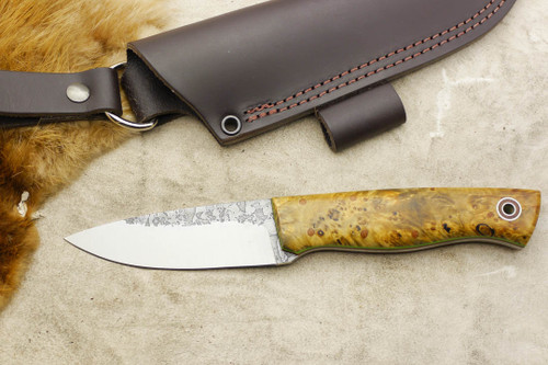 Fiddleback Forge, Andy Roy - Bushfinger - Buckeye Burl - Flat Tang - Natural & Lime Green Liners - 16