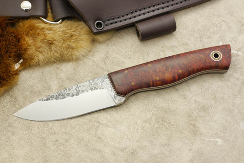 Fiddleback Forge, Andy Roy - Bushfinger - Dyed Maple Burl - Tapered Tang - Natural & White Liners - 17