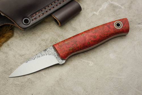 Fiddleback Forge, Andy Roy - EDKarda - Dyed Box Elder Burl - Flat Tang - Natural & White Liners - 4