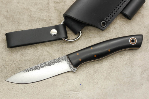 Fiddleback Forge, Andy Roy - Ladyfinger - Black anvas Micarta - Flat Tang - Natural and White Liners - 10