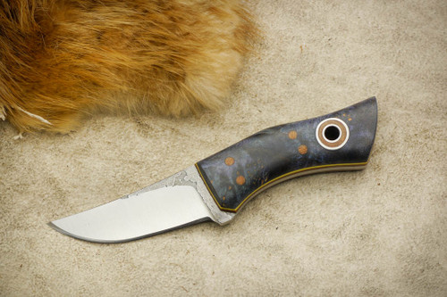 Fiddleback Forge, Andy Roy - Mosquito - Dyed Box Elder Burl - Flat Tang - Natural & Yellow Liners - 2