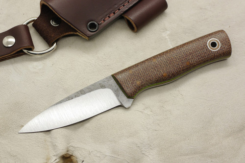 Fiddleback Forge, Andy Roy Custom Bear Cub Fixed Blade (Tapered Tang), Knife w/ Terracotta Burlap Handle And Thick Natural & Thin Lime Green Liners - 3