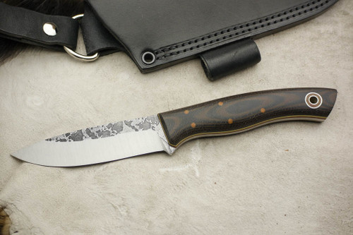 Fiddleback Forge, Andy Roy Custom Ladyfinger Fixed Blade (Flat Tang) Knife w/ Brown & Black Canvas Micarta Handle & Thick Natural & Thin Yellow Liners - 6