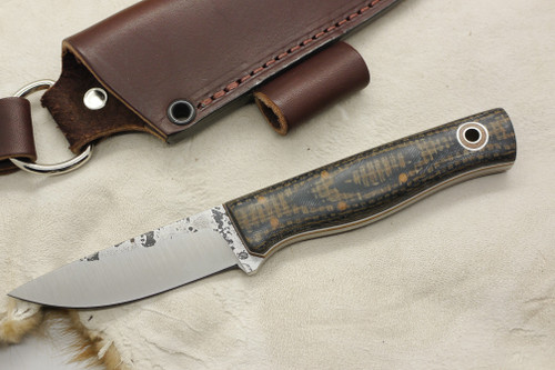 Fiddleback Forge, Andy Roy Custom Patch Knife Fixed Blade (Flat Tang), Hunting Collector Knife w/ Black Canvas & Tan Burlap Handle & Thick Natural & Thin White Liners - 2
