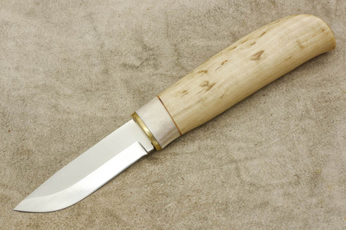 Karesuando Kniven 4021N Johtalit Hikers Knife, Natural - Fixed Blade Knife - Natural Oiled Curly Birch and Reindeer Antler Handle - 3.25" 12C27 Stainless Steel Blade - 2