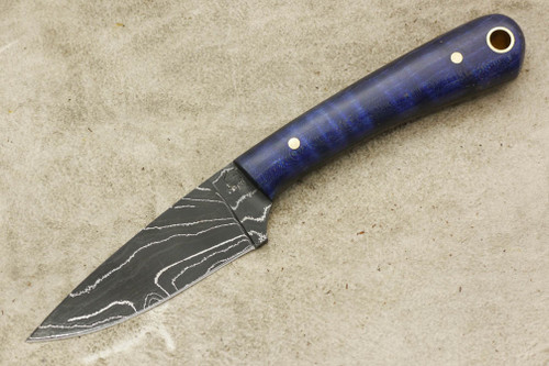 LT Wright Knives Frontier Valley - USA Damascus - Flat Grind - Blue Curly Maple - 4 / LIMITED EDITION / FREE SOFT CASE! / FREE BLACK LINERS!