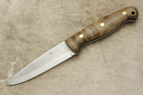 LT Wright Knives GNS - O1 Steel - Scandi Grind - Dark Curly Maple Handle - Brass Corby Bolts - Polished Finish - 5 / FREE BLACK LINERS!