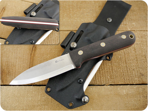 LT Wright Knives: "One Foot Into the Wild" Genesis (Scandi Grind) Fixed Blade Bushcraft Knife w/ Black Canvas Micarta Handle & Red Liners Matte Finish - Kydex Sheath